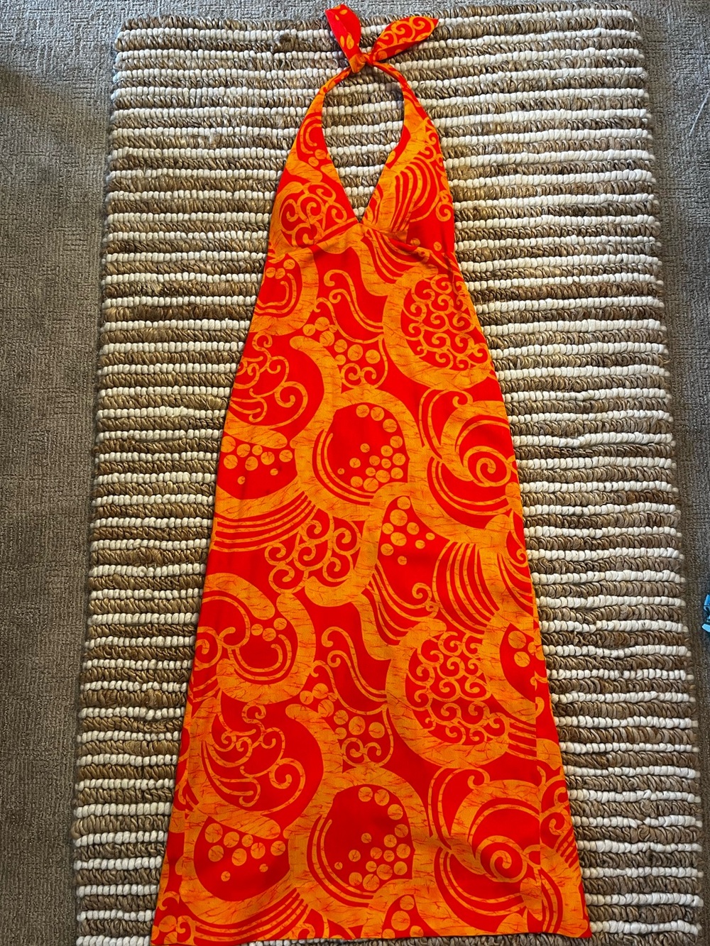 Vintage 70s Retro Vibrant Orange & Red Halter Maxi Dress